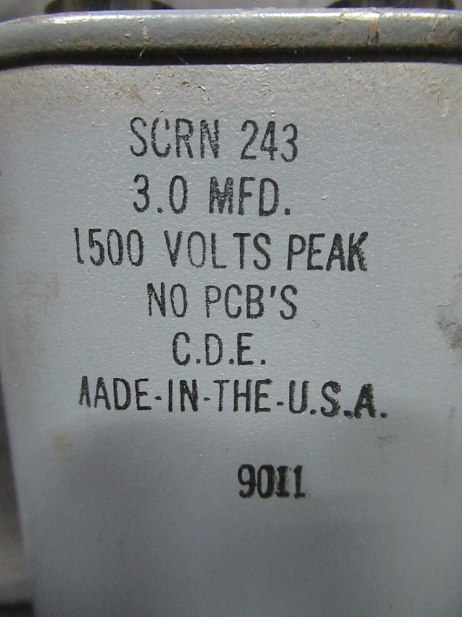 Used CDE CAPACITOR SCRN-243 3.0 MFD 1500 VOLT 9011 **WARRANTY INCLUDED**