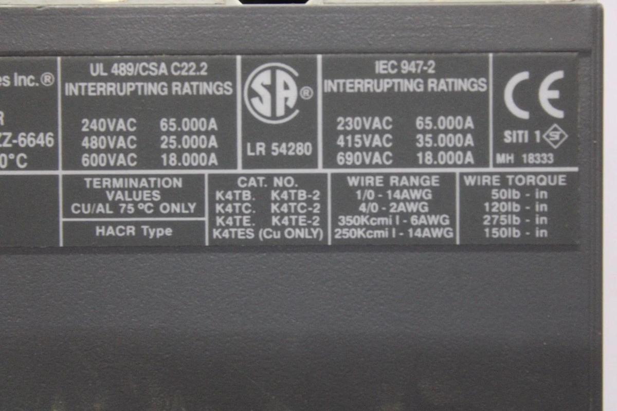 Used ABB BREAKER SACE S4 S4N 250 AMP 600 VOLT 3-POLE W/ AUX SWITCH & SHUNT TRIP