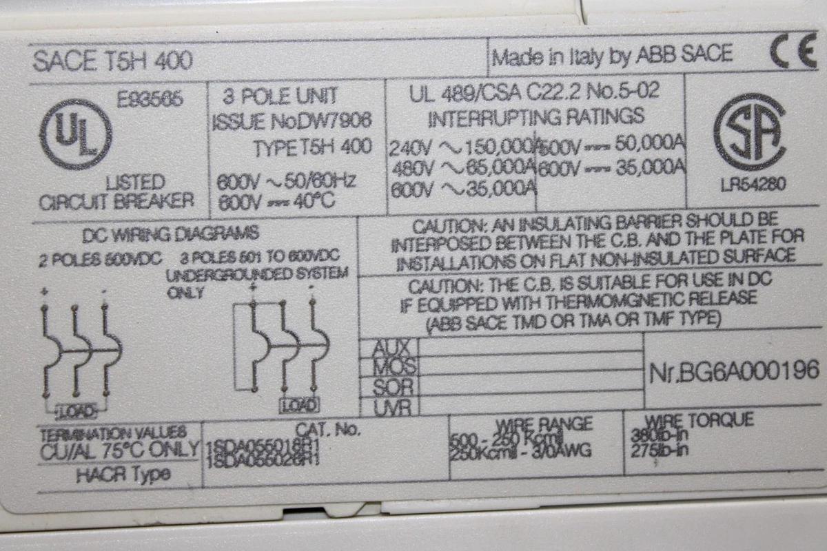 Used ABB SACE TMAX SACE T5H-400 CIRCUIT BREAKER 600 VOLT 3-POLE *WARRANTY*