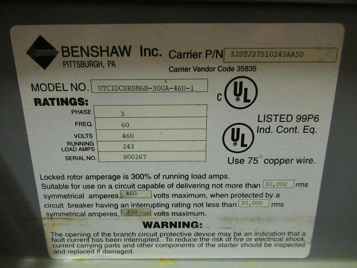 Used BENSHAW SOLID STATE CHILLER SOFT START 243A 460V UTCIDCBRSM6B 32STJ27510243AA50