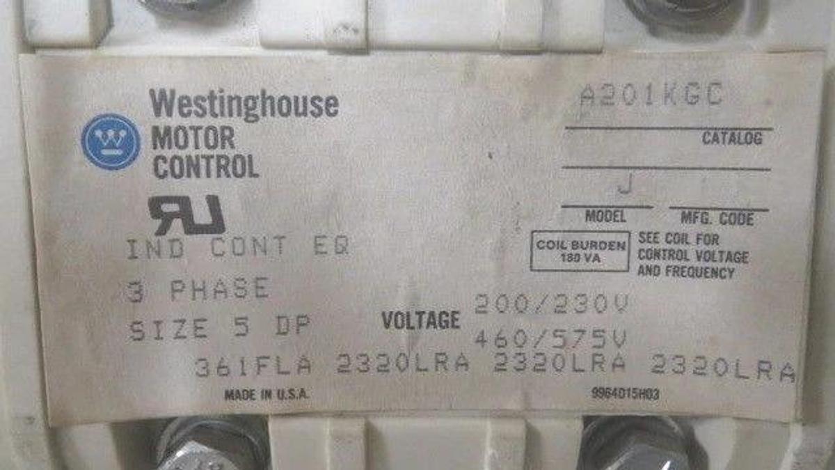 Used WESTINGHOUSE CONTACTOR SIZE 5 DP 361 FLA 2320 LRA 3 PHASE MODEL A201KGC