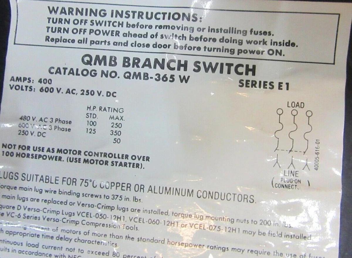 Used SQUARE D QMB BRANCH SAFETY SWITCH QMB-365W 400 AMP 3-POLE 600 VAC 350 HP