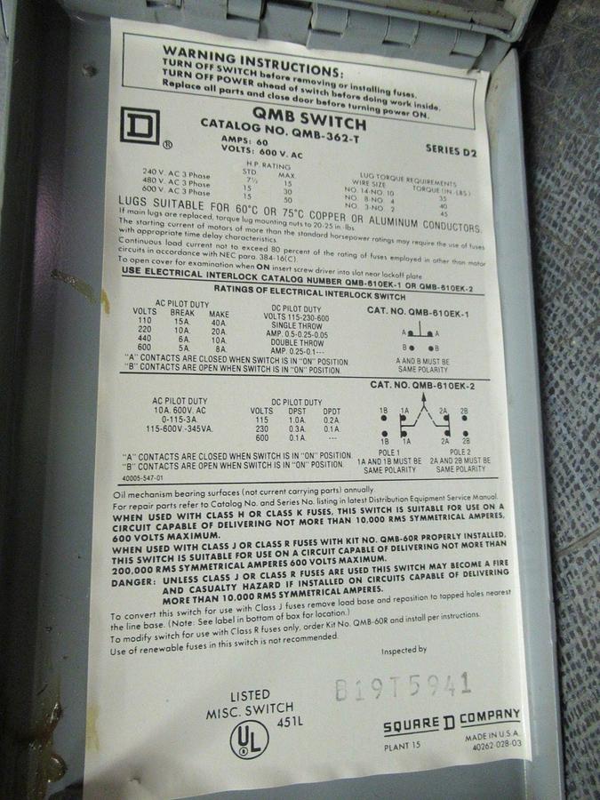 Used SQUARE D TWIN QMB SWITCH UNIT QMB-362-T 600V 60A 50HP **WARRANTY INCLUDED**