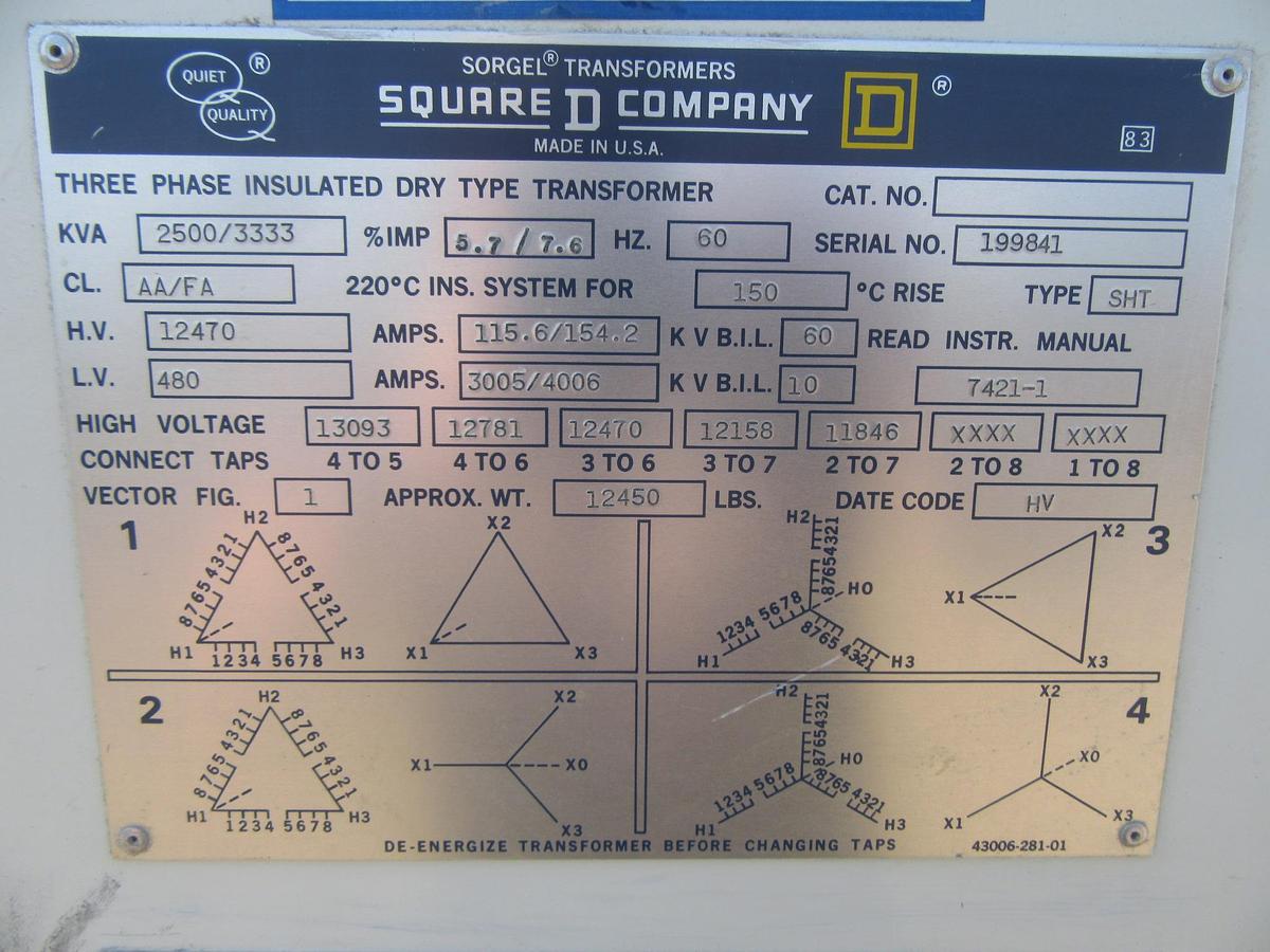 Used 2500 / 3333 KVA SQUARE D TRANSFORMER SUBSTATION INSULATED HV 12470 LV 480