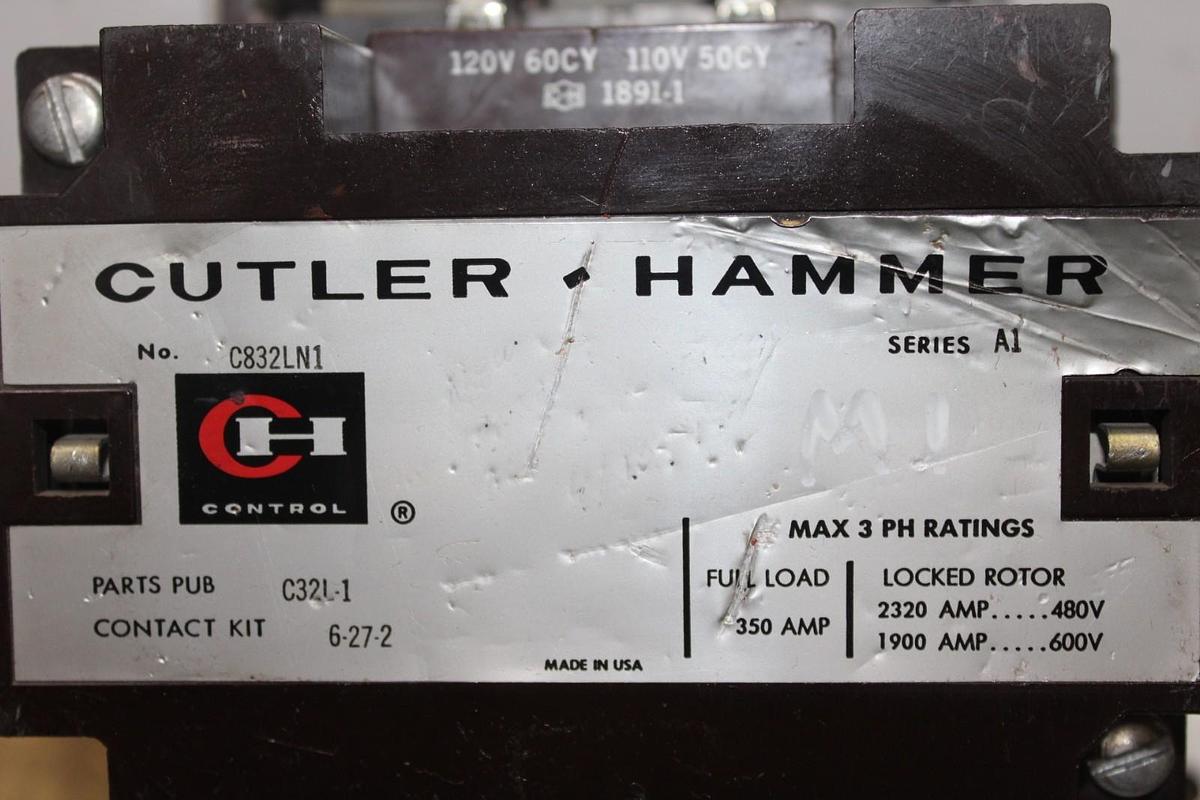 Used CUTLER-HAMMER CONTACTOR C832LN1 350 AMP 600 VAC 3-PHASE COIL: 120 VOLT