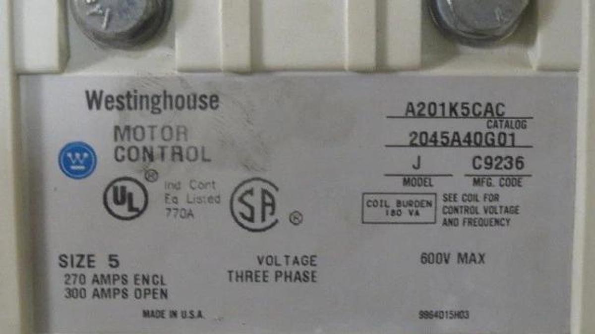 Used WESTINGHOUSE MOTOR CONTROL STARTER SIZE 5 270/300 AMP 600 VAC MODEL A201K5CAC