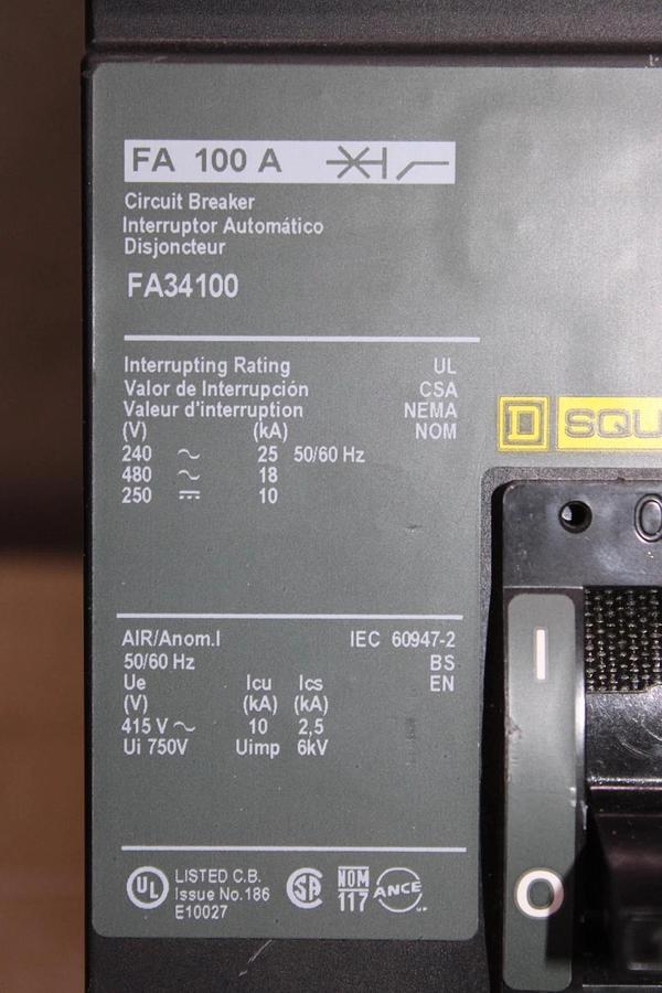 Used SQUARE D I-LINE CIRCUIT BREAKER FA34100 100 AMP 480 VOLT 3-POLE **WARRANTY**