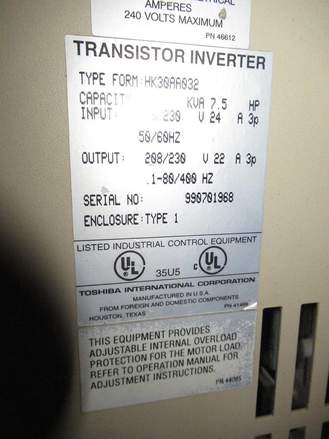 Used TOSHIBA VARIABLE SPEED DRIVE HK30AA032 230V 7.5HP 24A 3 PHASE TYPE: 1