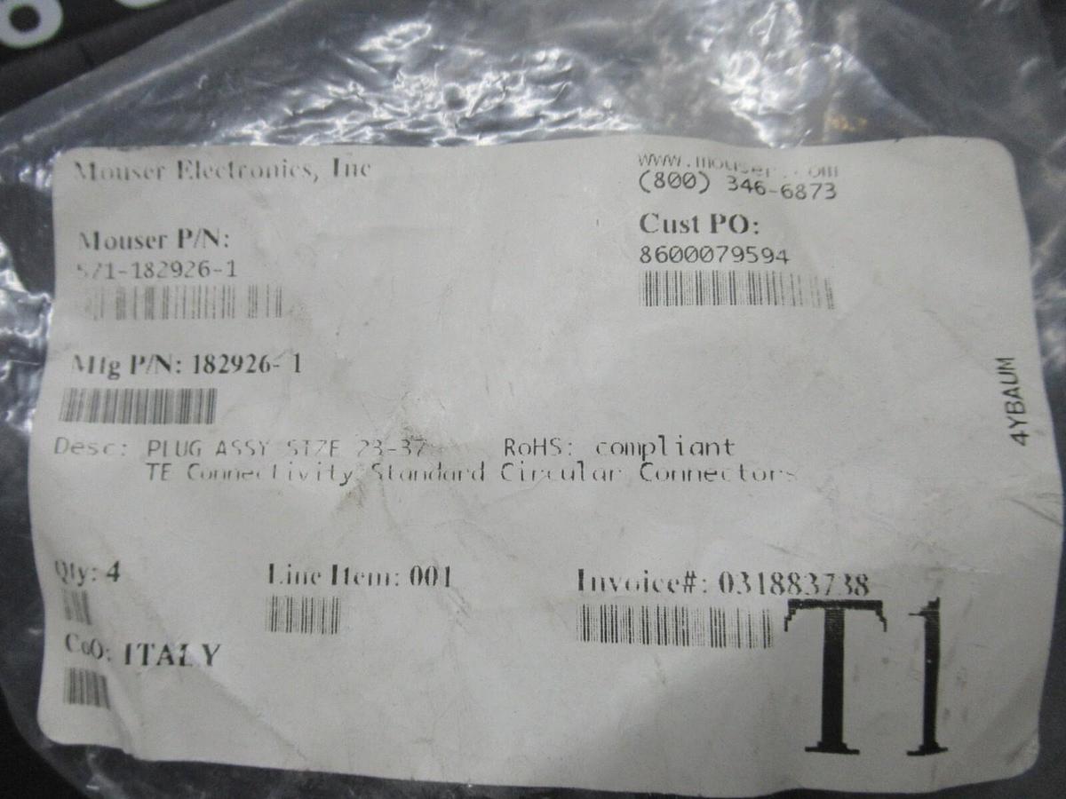 MOUSER ELECTRONICS PLUG ASSEMBLY 182926-1 SIZE: 23-37 STANDARD CIRCULAR CONNECT