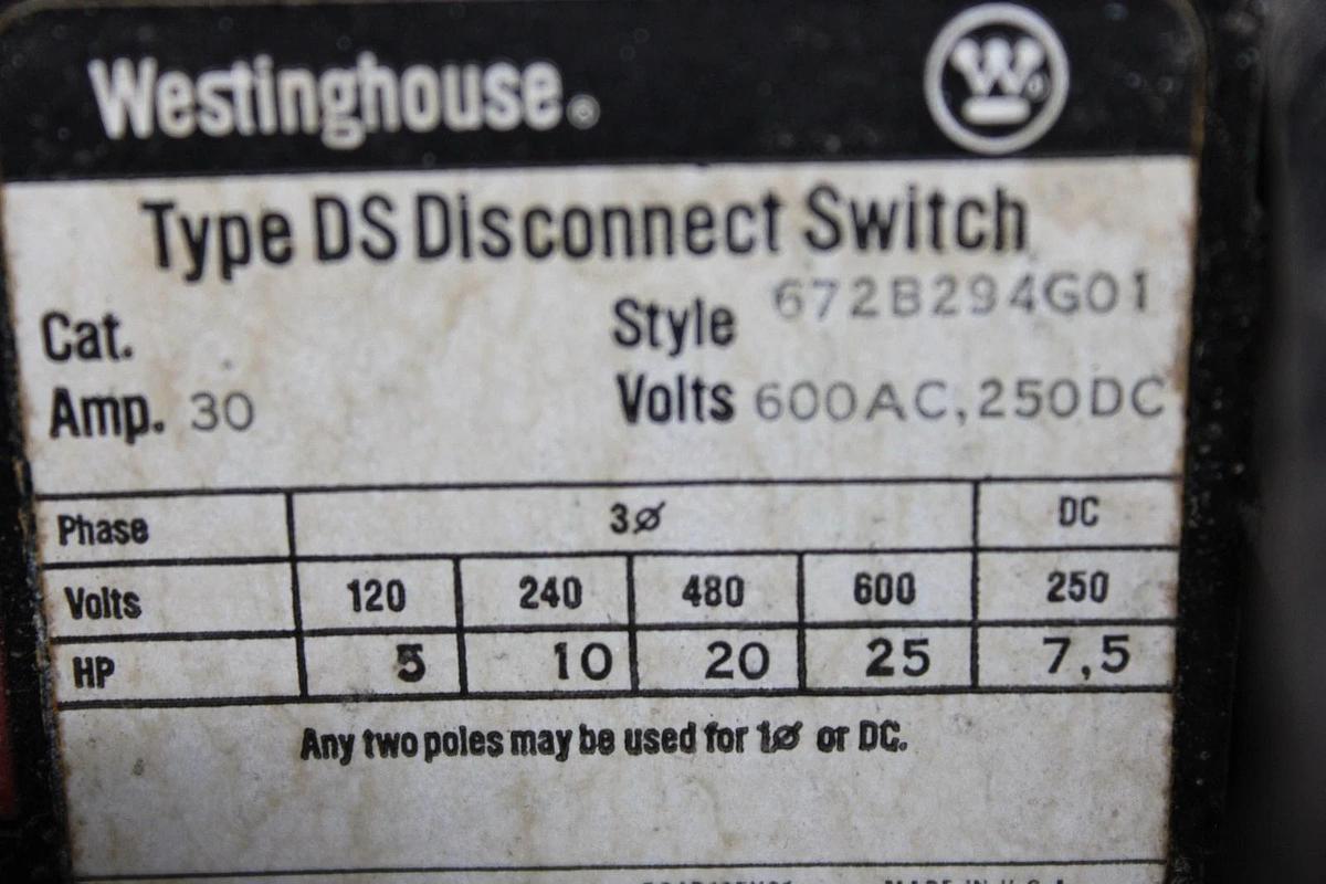 Used WESTINGHOUSE DS MCC DISCONNECT 672B294G01 30 AMP 600 VAC 25 HP SIZE 1
