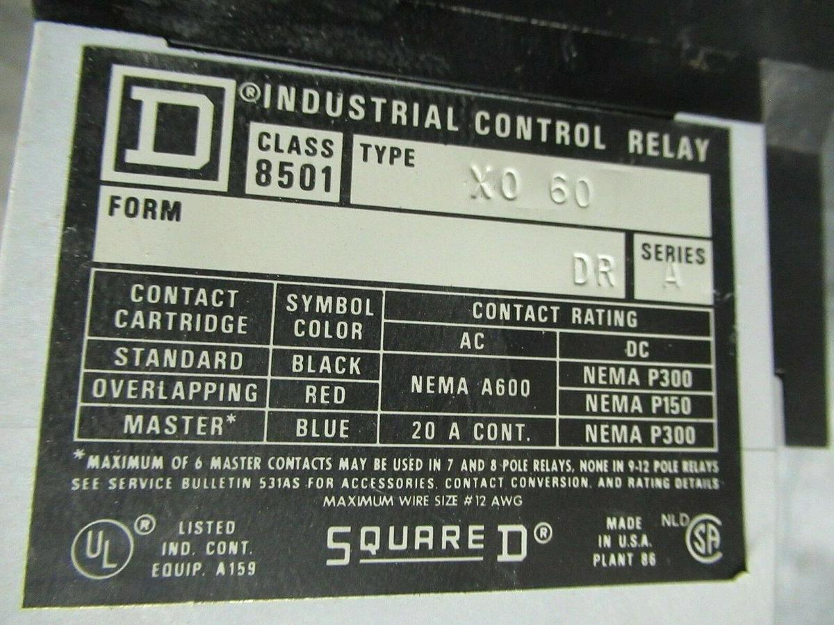 Used 20 AMP SQUARE D TYPE X RELAY 8501-XO-60 12 POLE **WARRANTY INCLUDED**