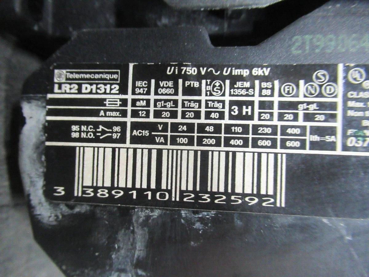 Used TELEMECANIQUE STARTER LC1D1206 W/ OVERLOAD RELAY LR2-D1312 25 AMP 600 VAC 10 HP
