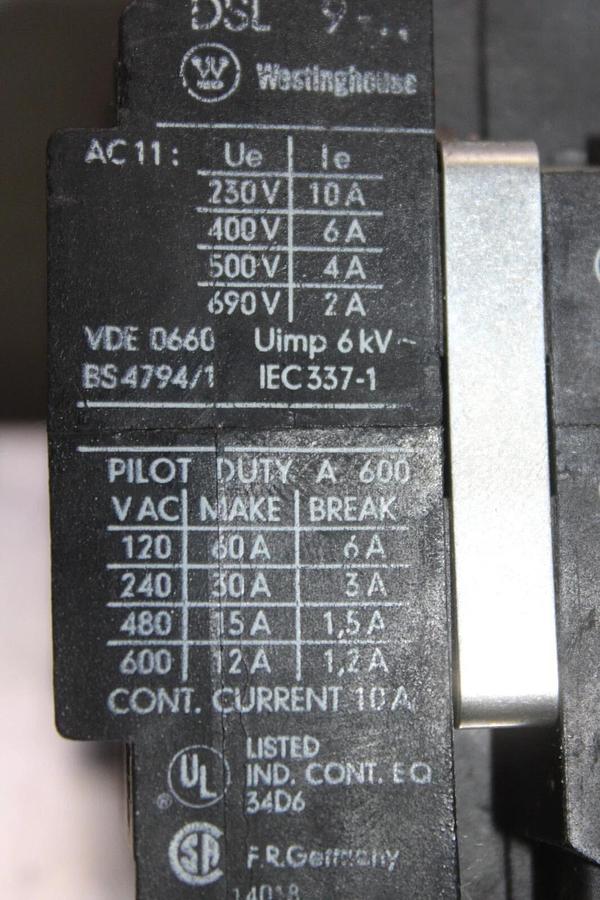 Used WESTINGHOUSE CONTACTOR DSL9-22 10 AMP 600 VAC 3-POLE 3-PHASE COIL: 110/120 V