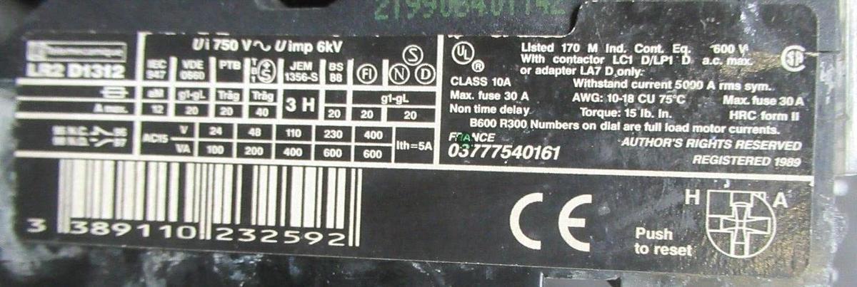Used TELEMECANIQUE STARTER LC1D1206 W/ OVERLOAD RELAY LR2-D1312 25 AMP 600 VAC 10 HP