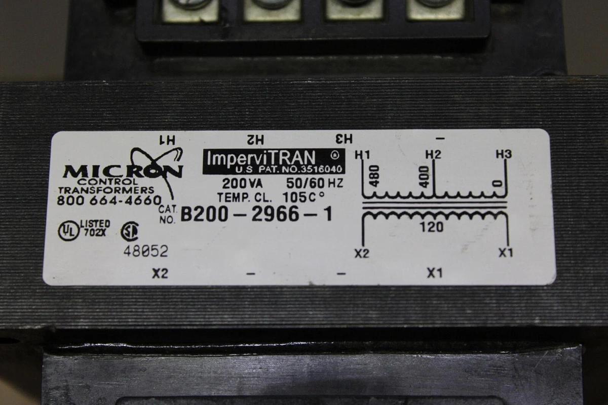 Used MICRON IMPERVITRAN TRANSFORMER B200-2966-1 200 VA HIGH: 480V LOW: 120V