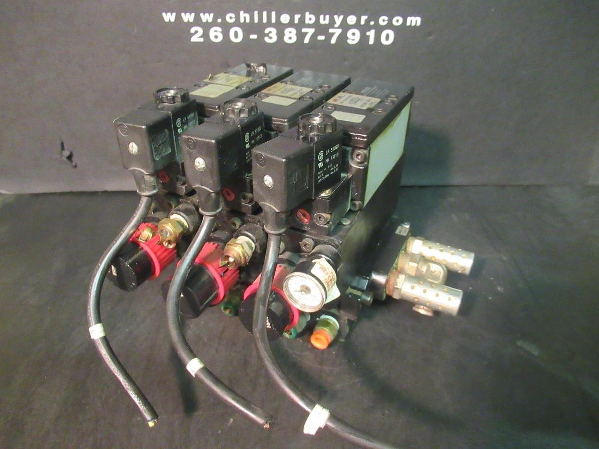 Used ARO FLUID POWER PNEUMATIC VALVE MANIFOLD 120 VAC 30-150 PSI --DAMAGED GAUGE--
