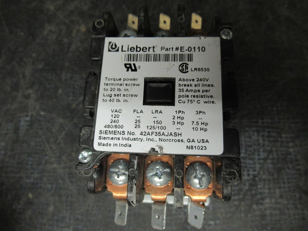 Used LIEBERT / SIEMENS CONTACTOR E-0110 / 42AF35AJASH 600V 25A 35A/RES 10HP