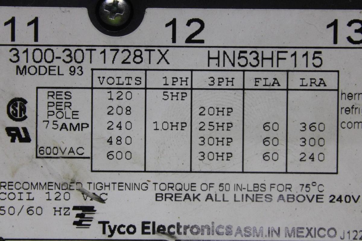 Used TYCO ELECTRONICS CONTACTOR HN53HF115 3100-30T1728TX 60 AMP 600 VAC 3-PHASE