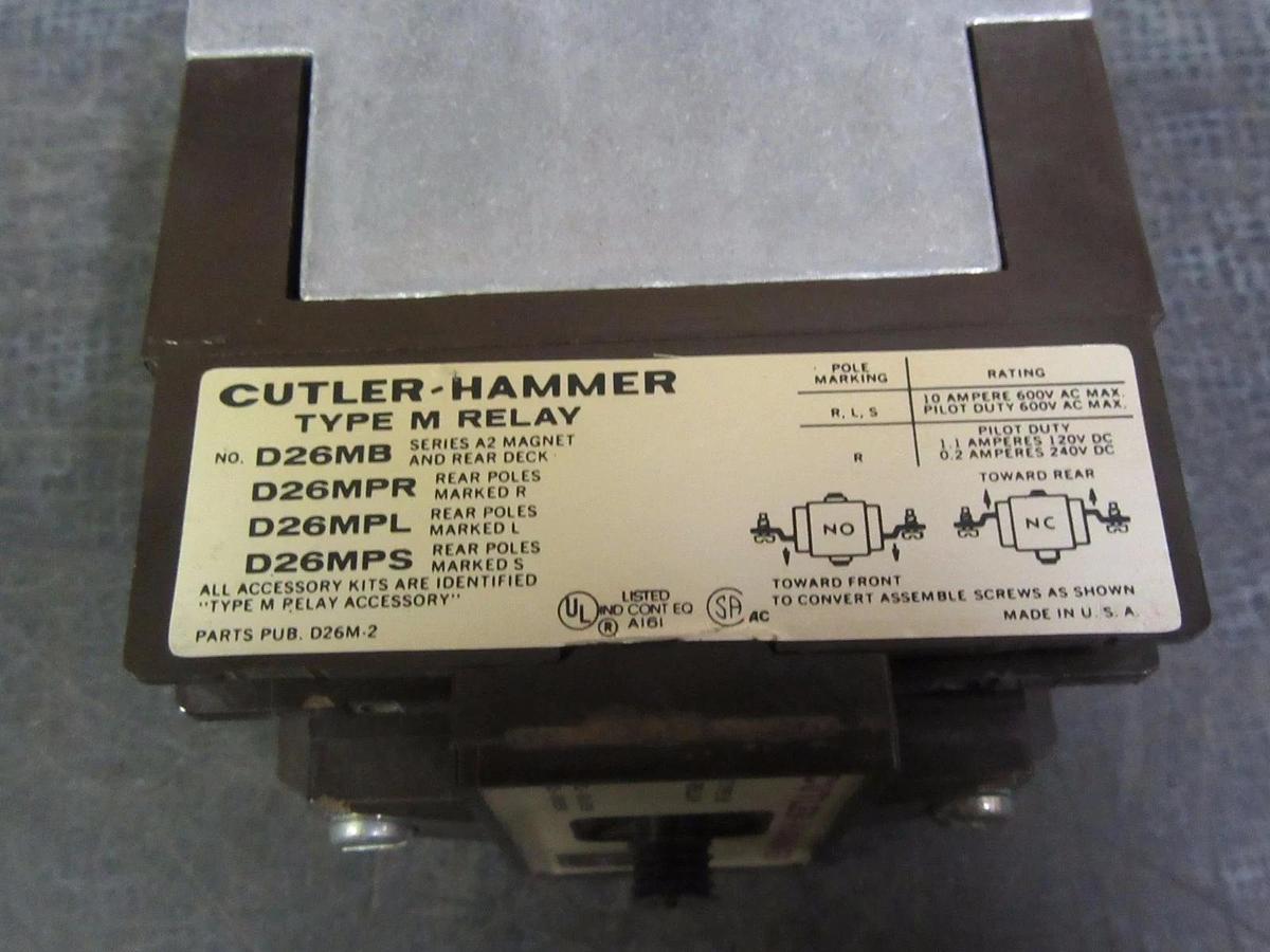 Used CUTLER HAMMER TYPE M 10 AMP RELAY 110-120 VAC COIL MODEL: D26M-2