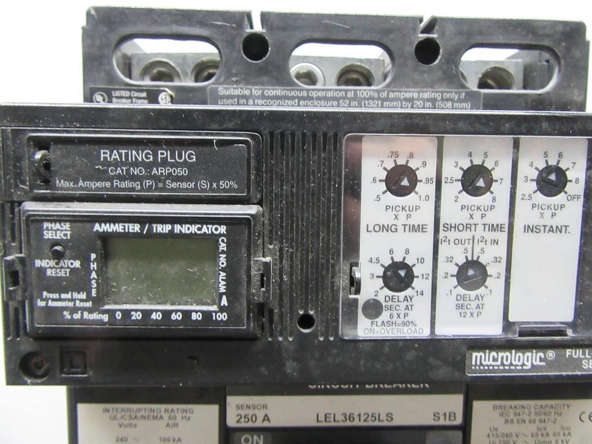 Used SQUARE D CIRCUIT BREAKER LEL36125LS W/ ARP050 250A SENSOR 600 VAC MICROLOGIC LSI