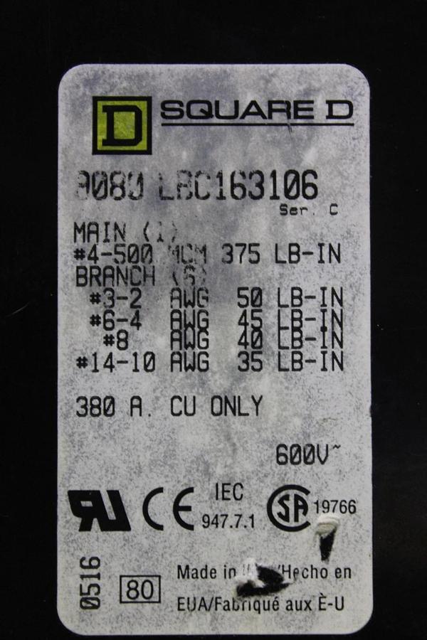 Used SQUARE D WIRE POWER DISTRIBUTION BLOCK 9080-LBC163106 1-POLE 380 AMP 600 VAC