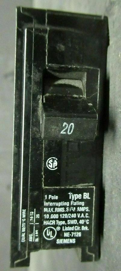 Used 20 AMP SIEMENS B120 1 POLE BREAKER 240 VAC TYPE: BL