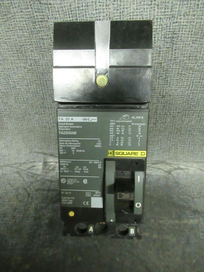Used 20 AMP SQUARE D I LINE BREAKER FA22020AB 240 VAC 2-POLE AB-POLE **WARRANTY**