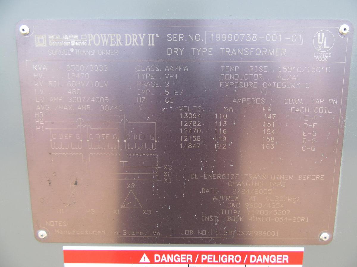 Used 2500 / 3333 KVA SQUARE D TRANSFORMER SUBSTATION INSULATED HV 12470 LV 480
