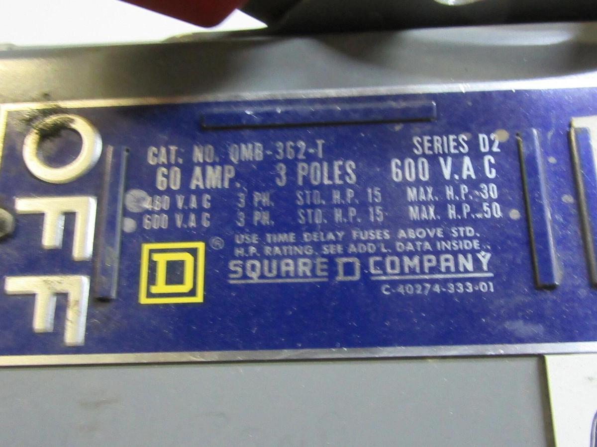 Used SQUARE D QMB SAFETY DISCONNECT SWITCH QMB362T 60 AMP 600 VAC 3-POLE 50 HP