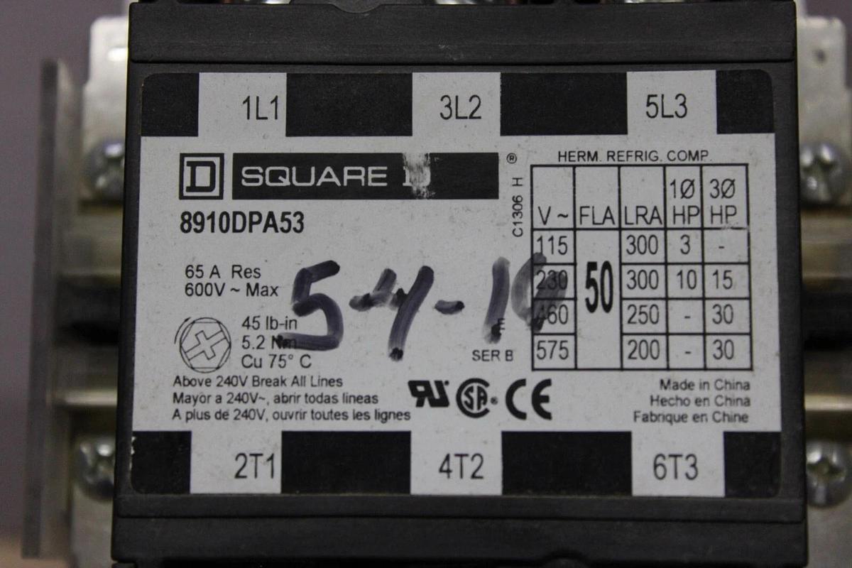 Used SQUARE D CONTACTOR 8910DPA53 50 AMP 600 VAC 30 HP COIL: 24 VOLT