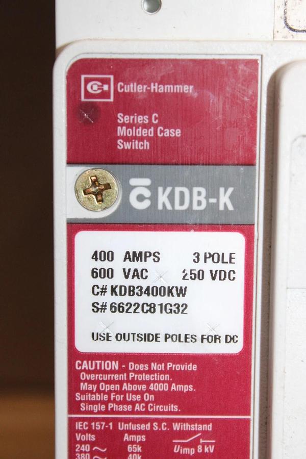 Used CUTLER HAMMER MOLDED CASE SWITCH KDB3400KW 400 AMP 600 VAC 3-POLE *WARRANTY*