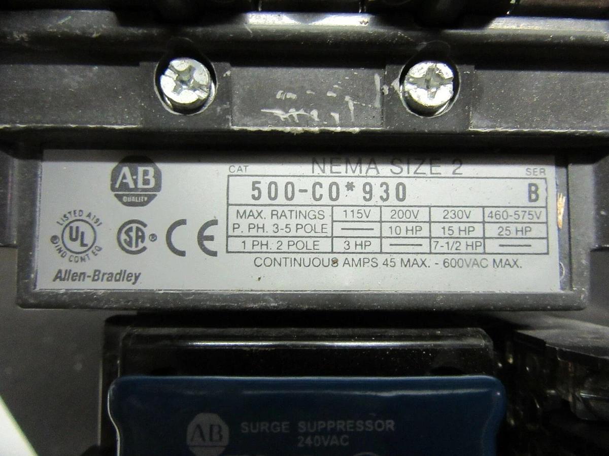 Used ALLEN BRADLEY NEMA CONTACTOR 500-CO*930 NEMA 2 45 AMP 600 VAC 25 HP COIL: 120V