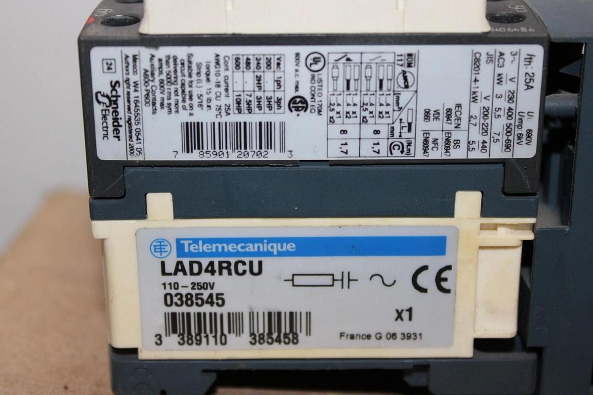 Used TELEMECANIQUE DELTA STARTER LC1D12 25 AMP 3-PHASE 600V 10HP W/ GV2ME14/6-10A