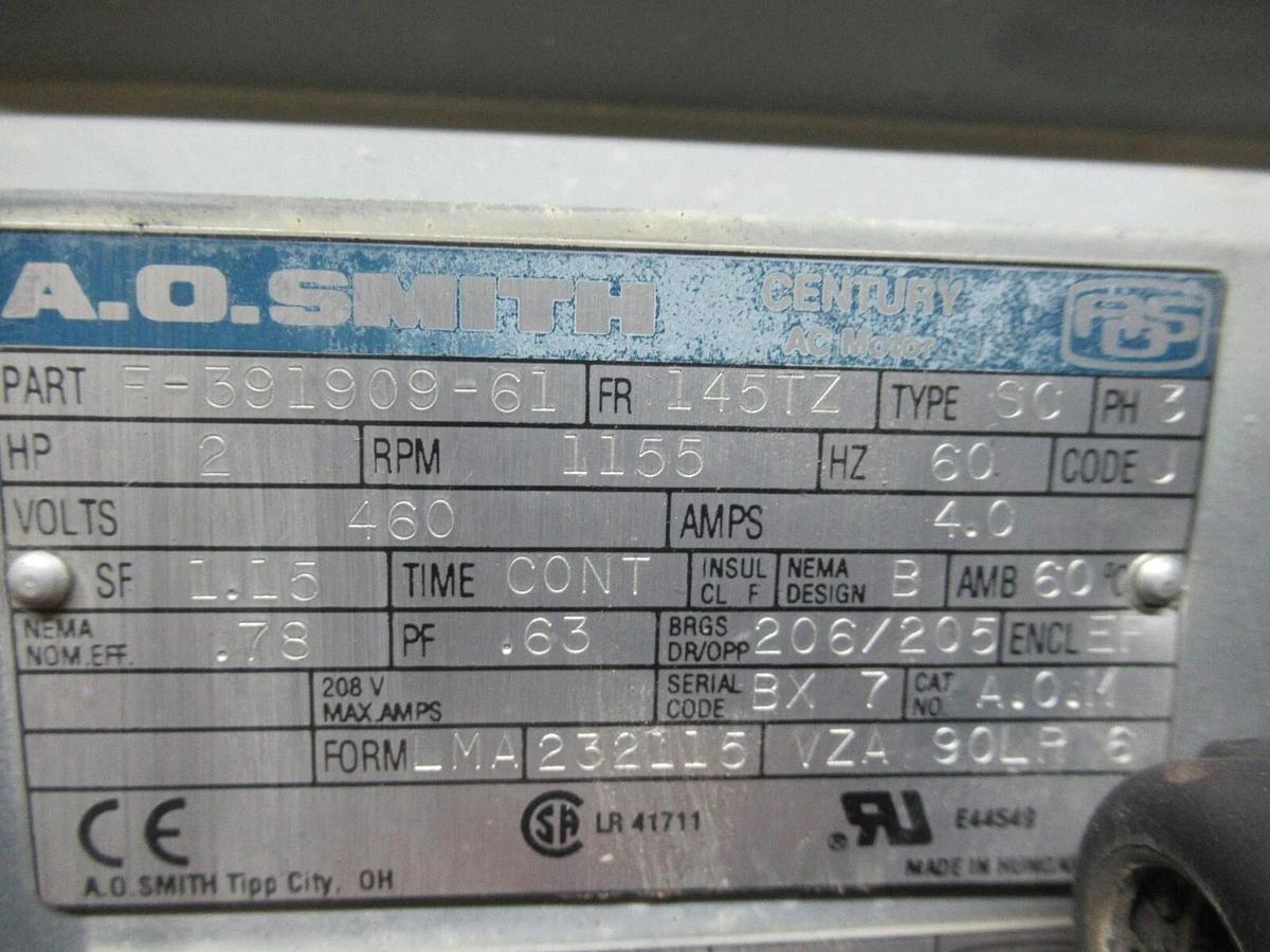 Used A.O. SMITH CENTURY AC MOTOR F-391909-61 3-PHASE 2 HP 460V 4A 1.15 SF 1155 RPM