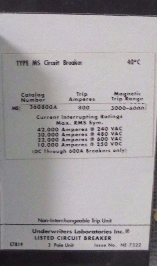 Used 800 AMP CUTLER HAMMER BREAKER MS360800A 600V W/ 120 VAC SHUNT TRIP **WARRANTY!**