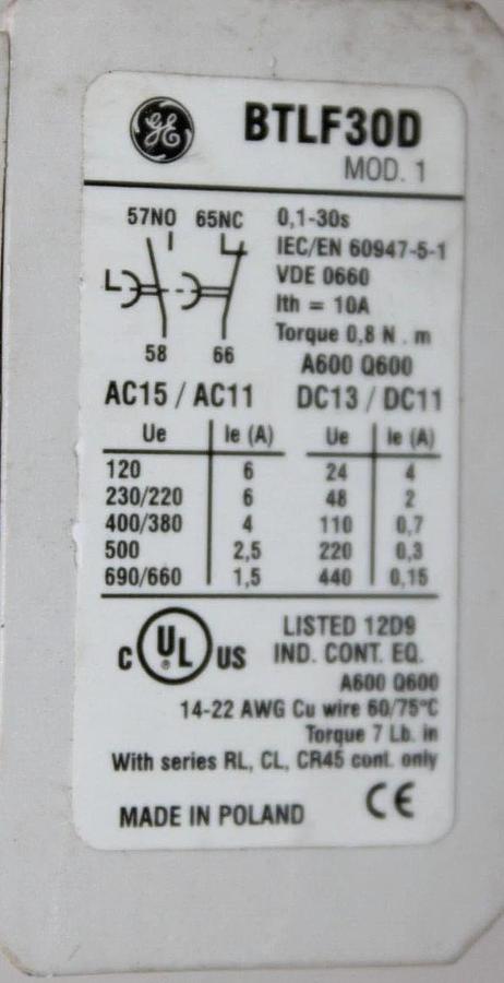 Used GENERAL ELECTRIC CONTACTOR RL4RA031T 20A 600V W/ BTLF30D 0.1-30 SEC TIME DELAY