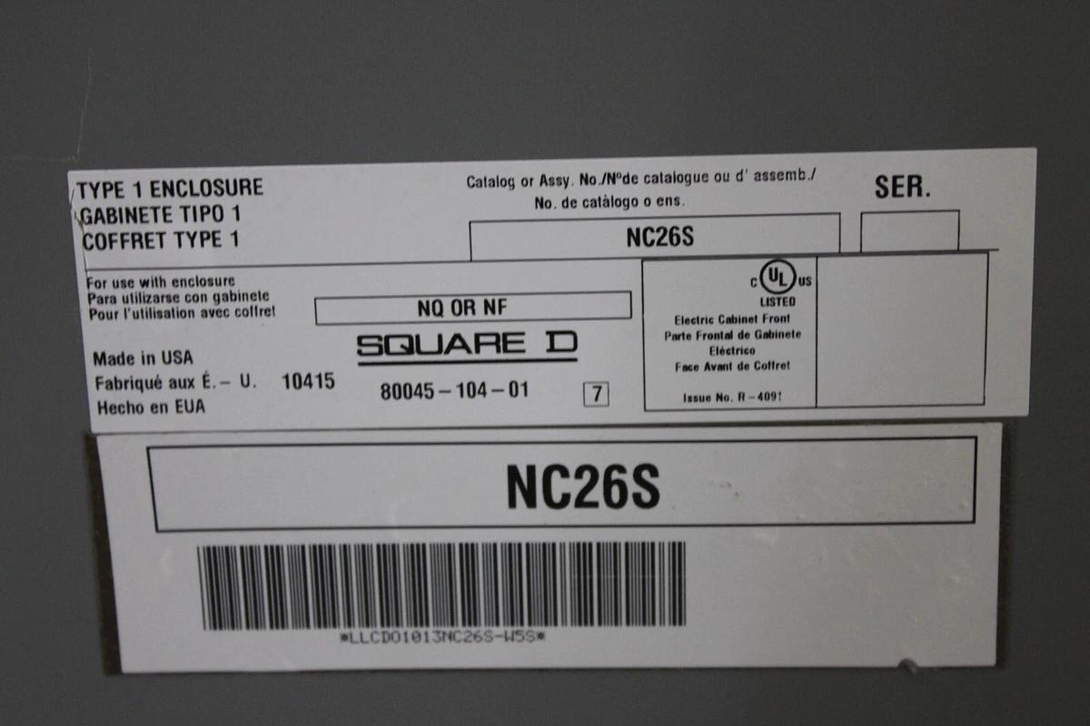 Used SQUARE D NQ SERVICE PANELBOARD MH26 NC26S 100A 240 VAC 3-PHASE