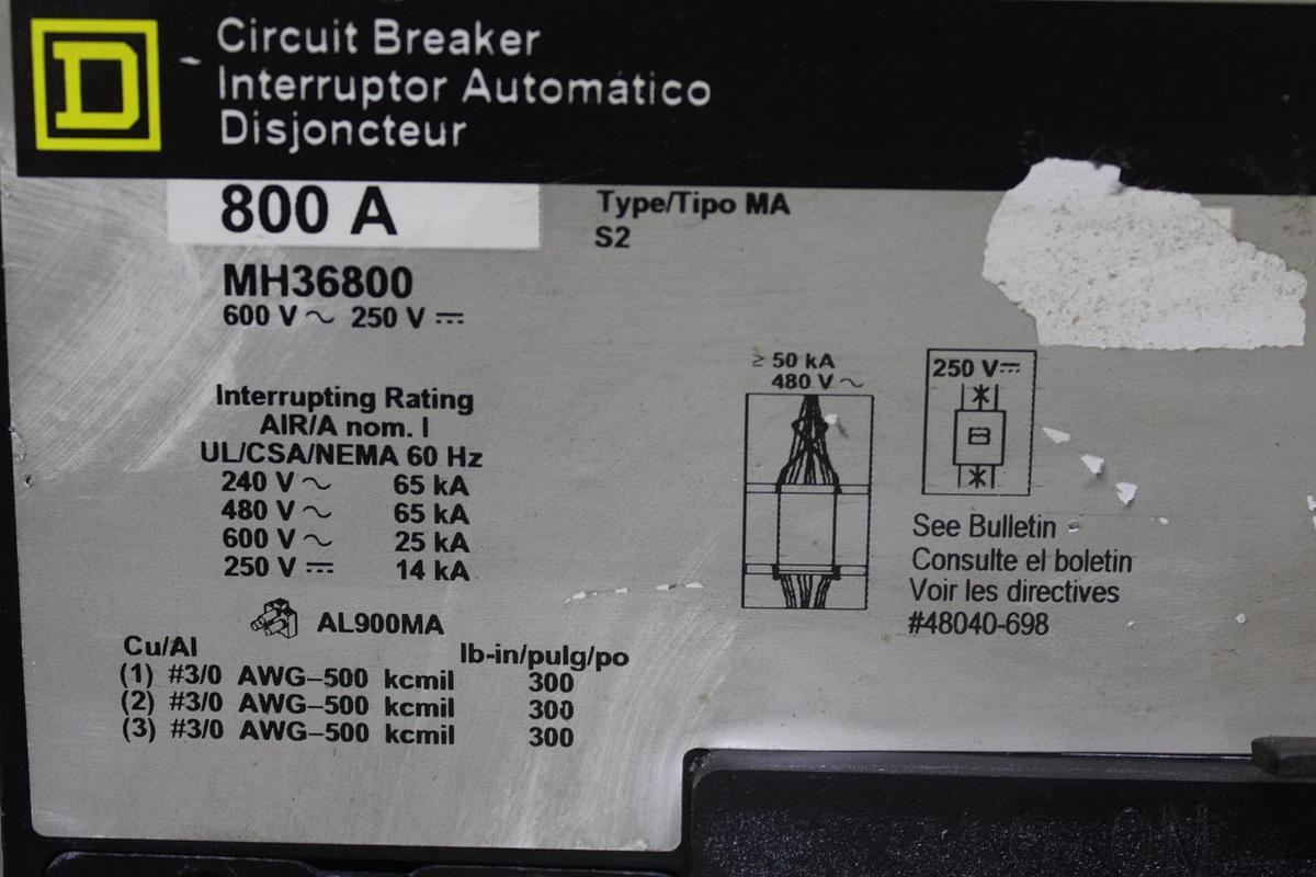 Used SQUARE D POWERPACT I-LINE CIRCUIT BREAKER MGA36500 500 AMP 600 VAC 3-POLE