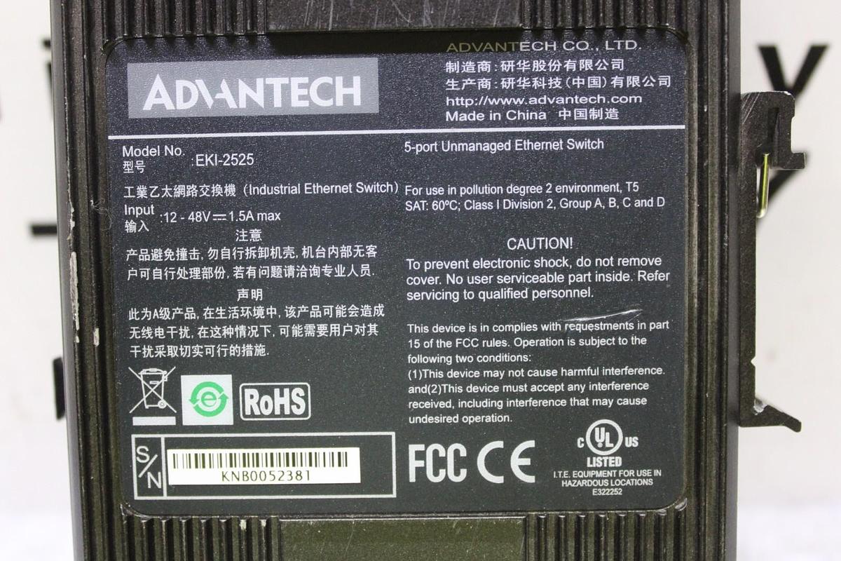 Used ADVANTECH 5-PORT UNMANAGED ETHERNET SWITCH EKI-2525 48 VDC **WARRANTY**