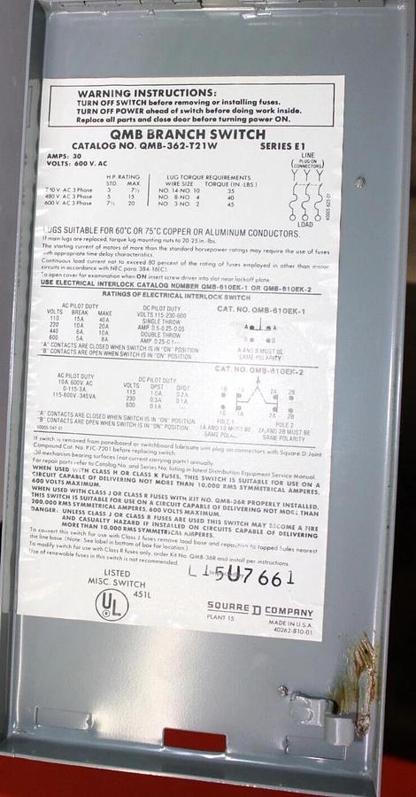 Used SQUARE D TANDEM DISCONNECT SWITCH QMB-362-T21W 30 AMP 600 VAC 3-PHASE