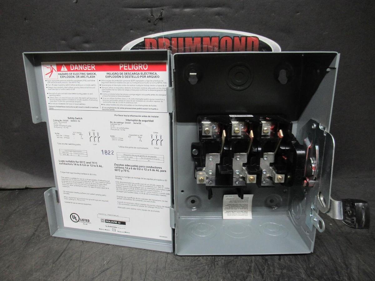 NEW SURPLUS SQUARE D SAFETY SWITCH DU321 30 AMP 240 VAC 7.5 HP 3-PHASE 3-POLE