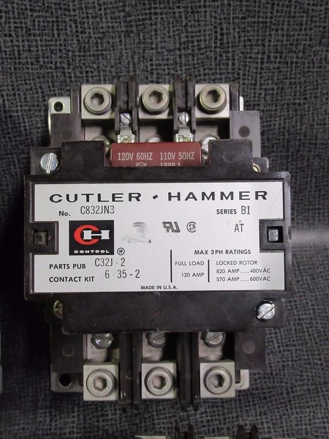 Used (1) CUTLER HAMMER CONTACTOR 120 AMP 600 VAC 3 PHASE 110-120V COIL MODEL: C832JN3
