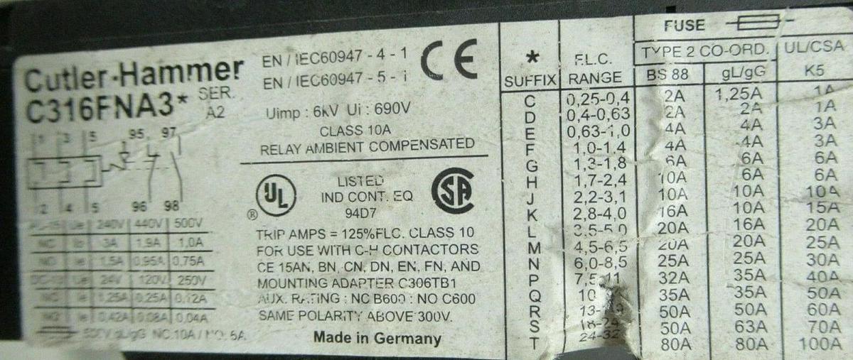 Used CUTLER HAMMER OVERLOAD RELAY C316FNA3* SER. A2 **WARRANTY INCLUDED**