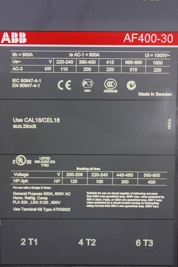 Used ABB CONTACTOR AF400-30 600 AMP 600 VAC 400 HP COIL: 100-250V **WARRANTY**