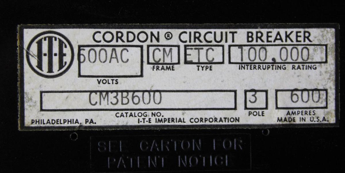 Used ITE CIRCUIT BREAKER KM3F800 800 AMP 600 VOLT 3-POLE