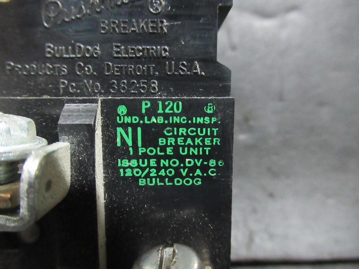 Used BULLDOG ELECTRIC / PUSHMATIC HACR BREAKER P-120 38258 20 AMP 240 VAC 1-POLE