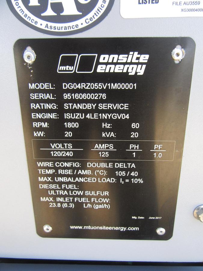 Used 20 KW DIESEL GENERATOR MTU 120/240 V 4LE1 ISUZU SOUND ENCLOSED 96 HRS  VIDEO