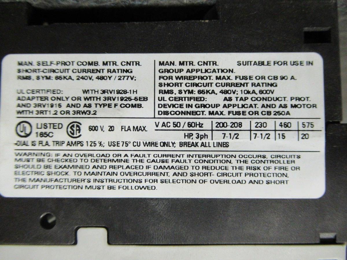 Used SIEMENS MANUAL MOTOR STARTER 3RV1021-4BA10 600V 20HP 20A **WARRANTY INCLUDED**