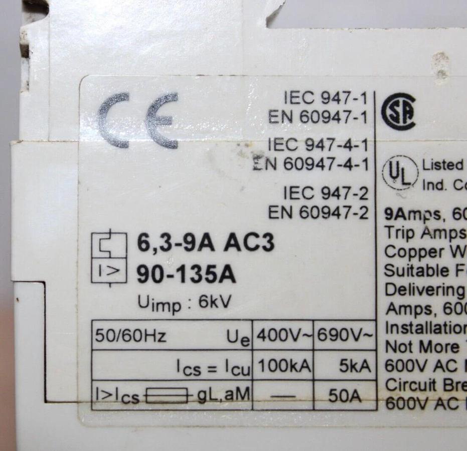 Used ABB MANUAL MOTOR STARTER MS325 6.3-9 AMP 600 VAC 3-PHASE 3-POLE 7.5 HP