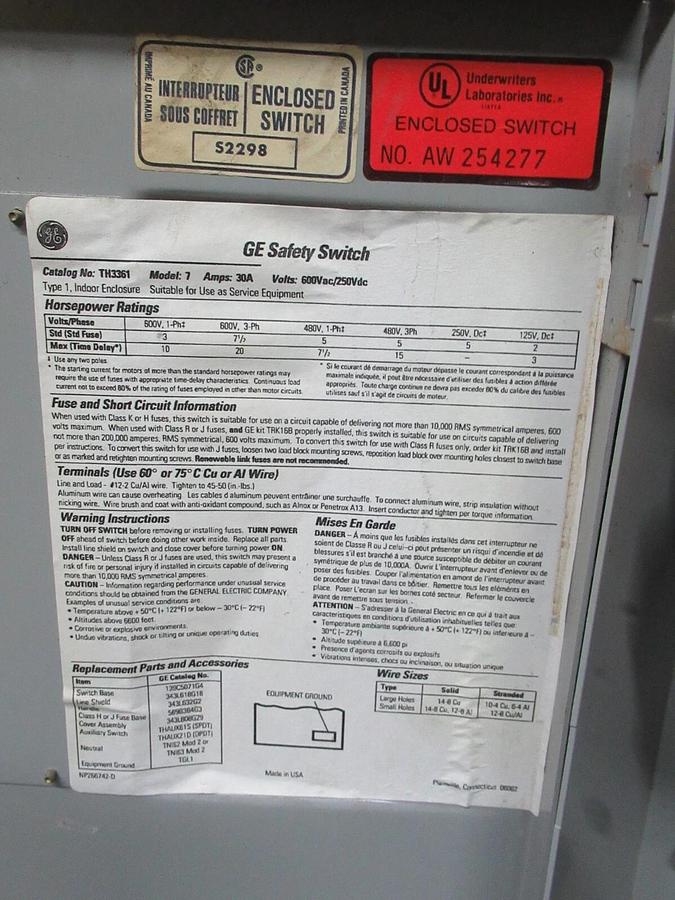 Used GE TYPE 1 ENCLOSED SAFETY SWITCH TH3361 MODEL: 7 30 AMP 600 VAC 20 HP *WARRANTY*